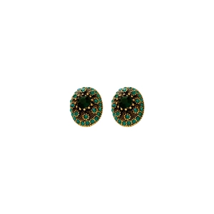 Vintage gold oval earrings with deep green gemstones and turquoise bead accents
