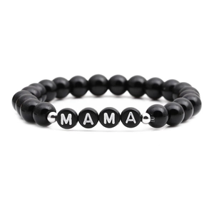 Bracelet MAMA en perles noires polies avec séparateurs argentés cadeau maman