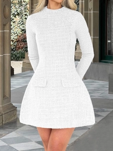 Elegant white tweed long sleeve A-line mini dress for women in stylish textured fabric