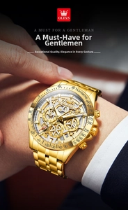 Detailed close-up of a luxury gold chronograph watch with visible skeleton movement