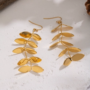 Elegant gold leaf tassel stud earrings in durable stainless steel on a white background