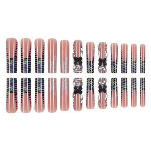 Extra long leopard print press-on nails set with 3D black bows and crystals