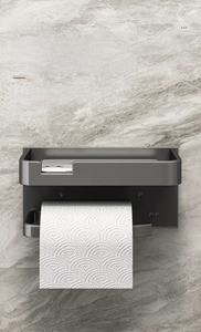 Wall-mounted tissue holder with storage shelf for phone and keys, matte metal finish