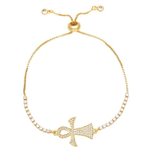 Adjustable gold plated ankh cross bracelet with micro-pave cubic zirconia stones