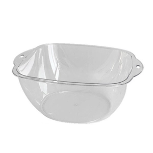 Transparent square basin with dual handles for washing and storage on white background