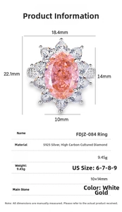 Detailed size specifications for S925 silver ring featuring 10x14mm oval carbon diamond