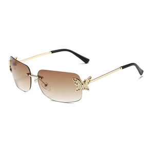 Frameless Y2K butterfly sunglasses with brown gradient lenses and gold metal frames