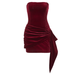 Detail of burgundy velvet mini dress with ruched waist and flowing side streamer