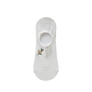White cotton low cut socks for women featuring delicate olive branch embroidery detail