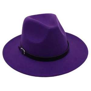 Detail of deep purple wool felt jazz hat featuring black leather band and silver buckle