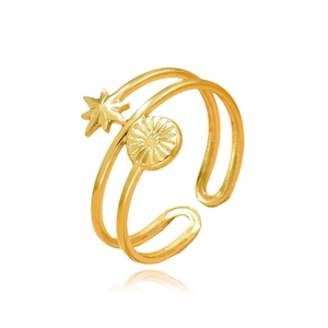 Gold stainless steel adjustable ring featuring a starburst texture and double layer design