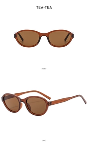Front and side views of tea-tinted oval sunglasses with translucent frame detail