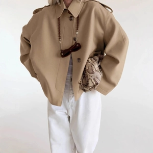 Women Short Trench Coat Jacket Polyester Lapel Epaulets Waist Belt British Style Minimalist Commuter Outerwear Top