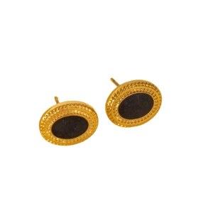Retro 304 stainless steel gold earrings with textured round black inlay
