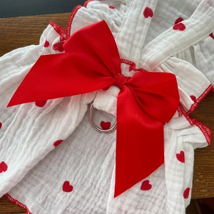 Detail of pet dress with red heart pattern, large bow, and metal D-ring for leash attachment