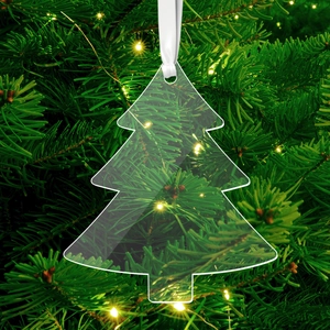 Close-up of a clear acrylic Christmas tree ornament with white ribbon on a pine tree