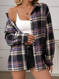 Women vintage plaid shirt in purple and black with loose fit and flannel texture