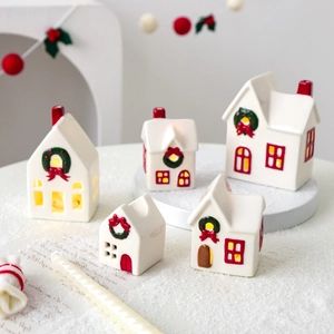 Ceramic Christmas Snowy House Ornament LED Light Up Nordic Style Desktop Decor Festive Atmosphere Candle Holder