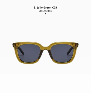 Front view of square jelly green sunglasses with dark grey lenses and broad temples