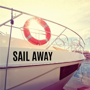 Detail of black Sail Away vinyl lettering on a boat hull with a lifebuoy background