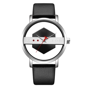 Minimalist TOMI transparent skeleton watch with silver alloy case and black leather strap