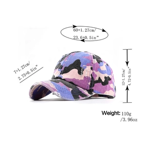 Detailed size guide for camouflage ponytail baseball cap with adjustable strap measurements