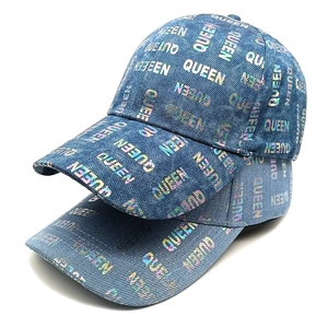 Women Denim Style Baseball Cap Holographic QUEEN Letter Print Adjustable Outdoor Casual Sun Hat Curved Brim