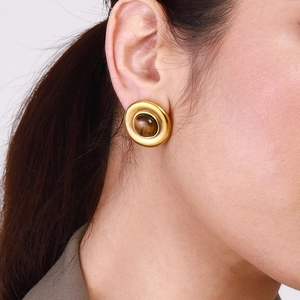 Retro round gold tiger eye stone earrings for women in a minimalist luxury style