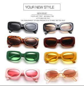 Collection of retro rectangular sunglasses in eight vibrant colors on a clean background