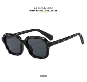 Side view of C1 black wavy sunglasses with gray lenses featuring a thick retro frame