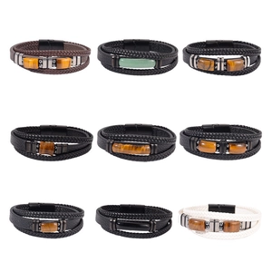 Men's multilayer leather bracelets with natural tiger eye stones and magnetic clasps