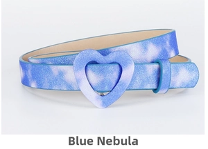 Detail view of blue nebula texture belt with heart-shaped buckle and sparkling finish