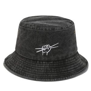 Washed black vintage cotton bucket hat with white embroidery and metal eyelets