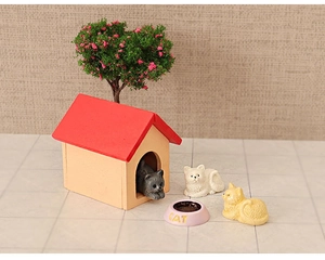 Miniature cat house kit with three tiny resin cats and a pink cat bowl for dollhouses