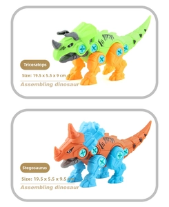 Dettaglio dei giocattoli dinosauro Triceratopo e Monoclonio con parti da assemblare con viti
