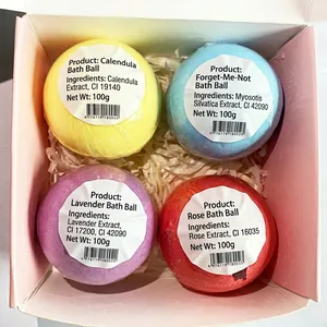 Coffret cadeau de quatre bombes de bain aux fleurs séchées de 100g en jaune bleu violet et rose