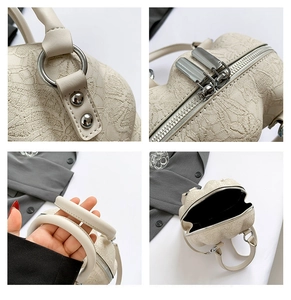 Detailed views of cream shell bag with floral texture, silver hardware and zipper