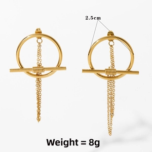 Detailed view of gold geometric hoop earrings with long tassels and 2.5cm diameter