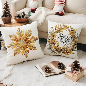 Detailed view of Merry and Bright Christmas cushion covers on a soft white faux fur rug