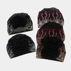 Women Lace Floral Embroidery Turban Hat Breathable Mesh Beanie Vintage Head Wrap Fashion Hair Cover