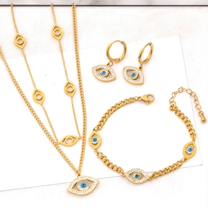 Gold Plated Titanium Steel Evil Eye Jewelry Set Women Teardrop Rhinestone Necklace Bracelet Earrings Fashion Accessory
