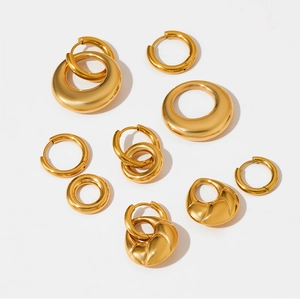 Detailed flat lay of versatile PVD gold plated double-hoop earrings in various sizes