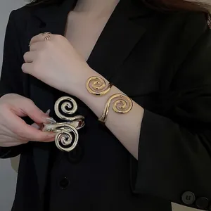 Metal Spiral Swirl Open Cuff Bangle And Ring For Women High Polish Abstract Geometric Fashion Jewelry Modern Art Style