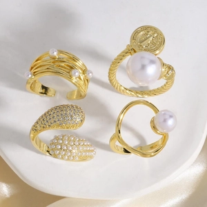 Vintage Artificial Pearl Open Ring Copper Gold Plated Elegant Adjustable Jewelry For Women Fashion Retro Coin Accessory