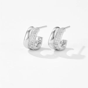 Minimalist S925 sterling silver C-shape earrings with sparkling cubic zirconia inlay