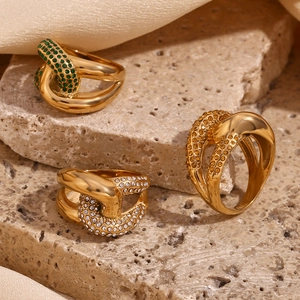 European Fashion Crossed Knot Stainless Steel Ring Gold Plated Zirconia Geometric Finger Ring For Women Jewelry Gift