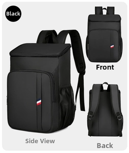 Vues multiples d'un sac à dos de pique-nique isotherme noir en nylon imperméable