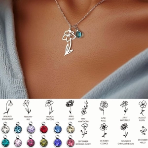 Personalized birth flower necklace with color crystals for women, twelve month options
