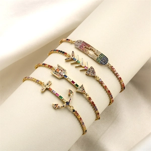 Gold Plated Copper Adjustable Slider Bracelet Rainbow Zircon Fishbone Arrow Anchor Star Charms Fashion Jewelry Women