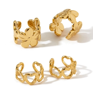 Golden stainless steel set with hollow heart and floral shaped ear cuffs for women